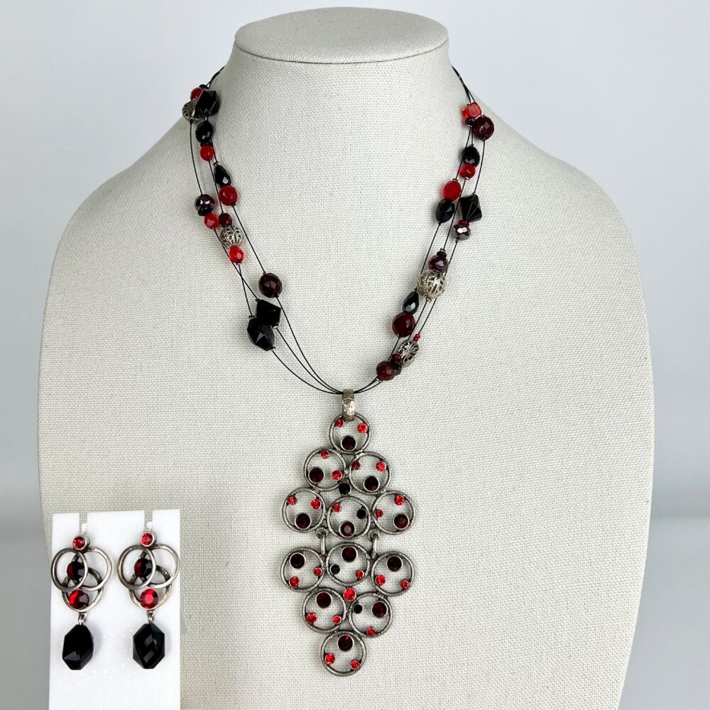 Chicos Antique Silver Red Black Pendant Necklace Earrings Matching Set